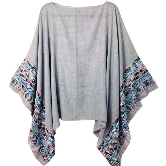 Boho Embroidered boat neck poncho top one size multicolor 25” x 54” - Picture 1 of 11